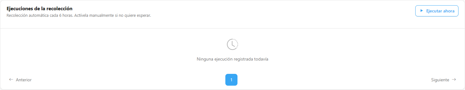 Tarjeta Ejecuciones de la recolección con los botones Ejecutar ahora y Pausar y la tabla de ejecuciones