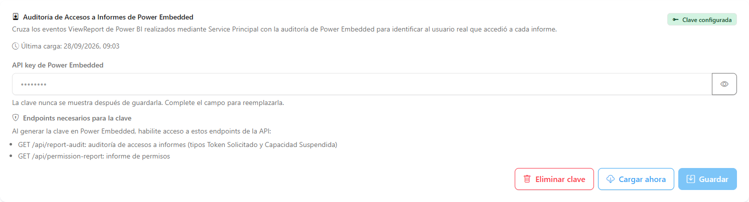 Tarjeta Auditoría de Accesos a Informes de Power Embedded con el campo de API key