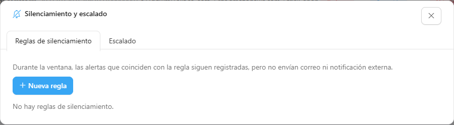 Modal Silenciamiento y escalado en la pestaña Reglas de silenciamiento