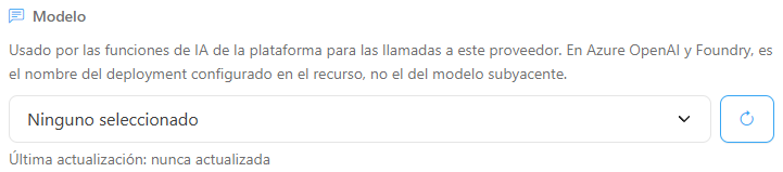 Campo Modelo con la lista, el botón Actualizar modelos y la fecha de la última actualización