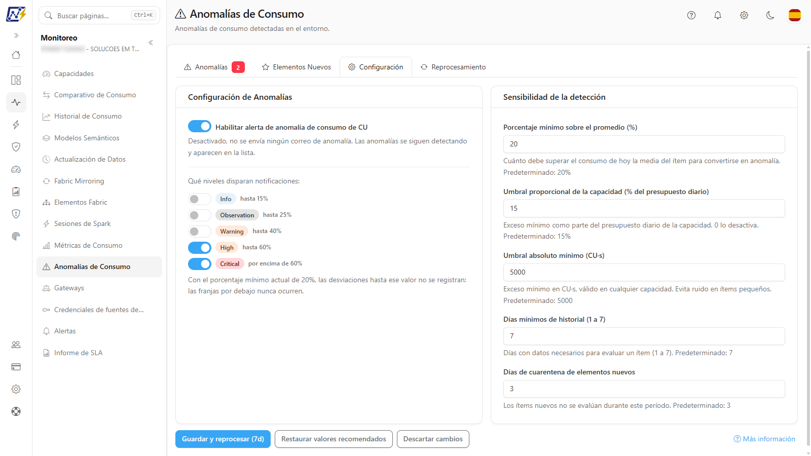 Pestaña Configuración de las Anomalías de Consumo