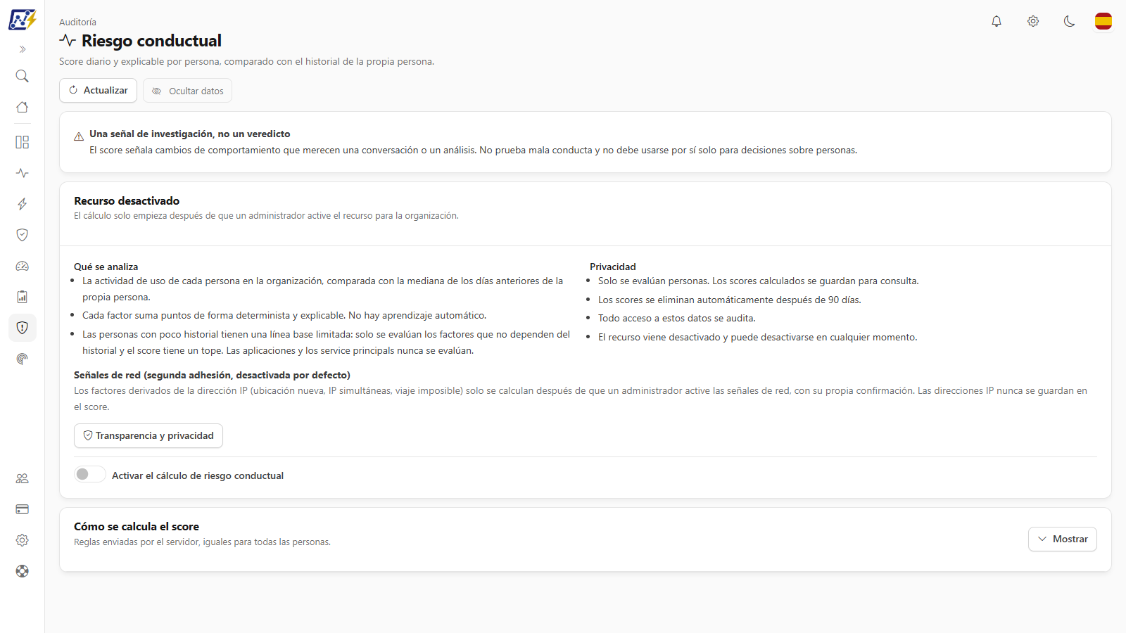 Pantalla Riesgo conductual con el aviso Una señal de investigación, no un veredicto, las tarjetas de personas con riesgo alto o crítico y medio, el gráfico de personas por severidad por día y el ranking Mayores scores