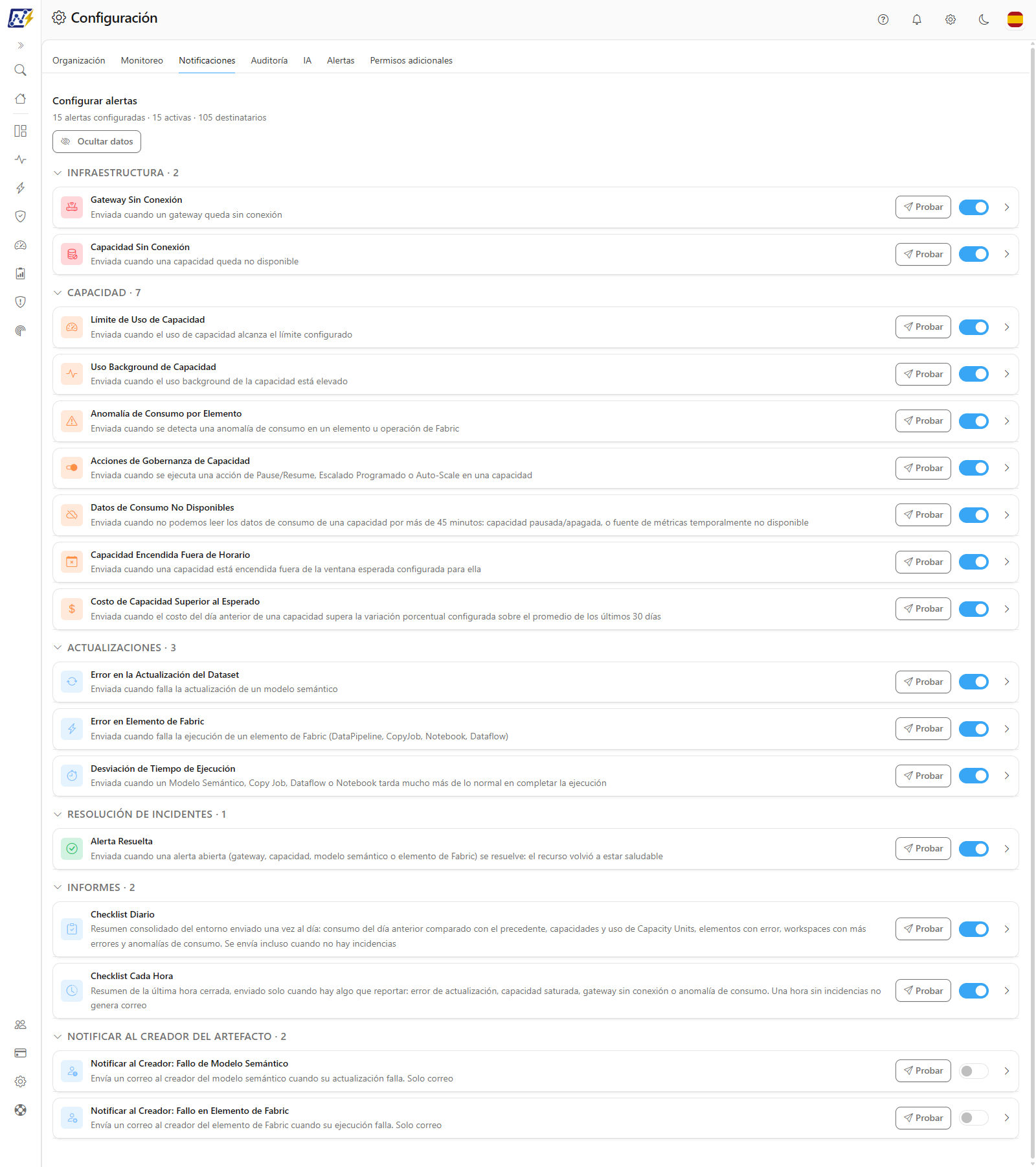 Pestaña Notificaciones con las alertas agrupadas por categoría