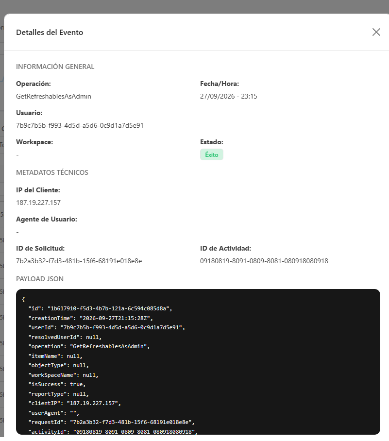 Panel Detalles del Evento con información general, metadatos técnicos y payload JSON