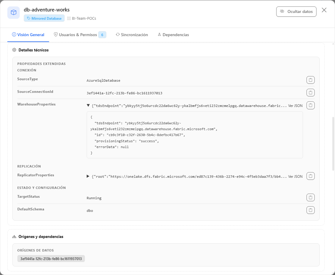 Pestaña Visión General de un elemento de Fabric con los indicadores en la parte superior, las secciones Identificación y Fechas y la sección Detalles técnicos con las propiedades agrupadas en Conexión y Estado y configuración