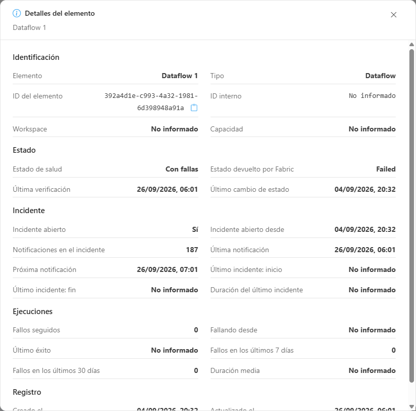 Modal Detalles del elemento con las secciones Identificación, Estado, Incidente, Ejecuciones y Registro