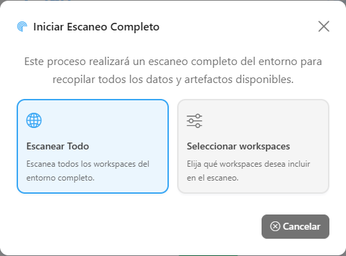 Modal Iniciar Escaneo Completo con las opciones Escanear Todo y Seleccionar Workspaces