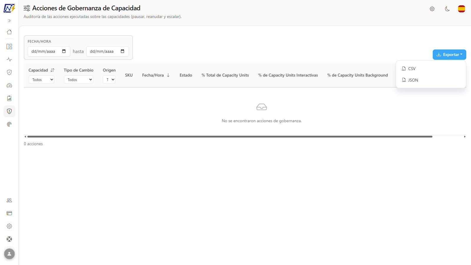 Menú Exportar abierto con las opciones CSV y JSON