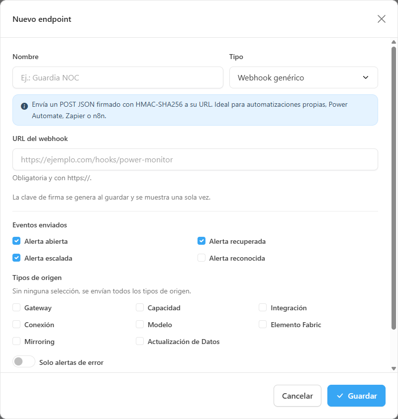 Modal Nuevo endpoint con nombre, tipo, URL, eventos enviados, tipos de origen y opciones de severidad