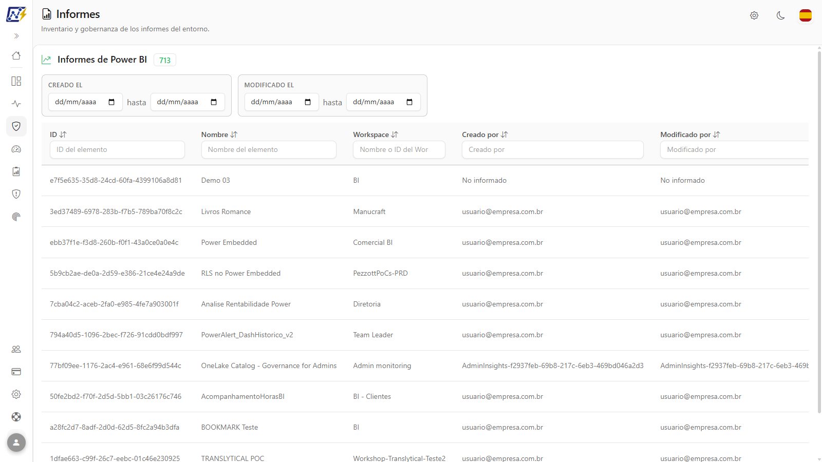 Pantalla de inventario de Informes de Power BI, con filtros de fecha y tabla de informes