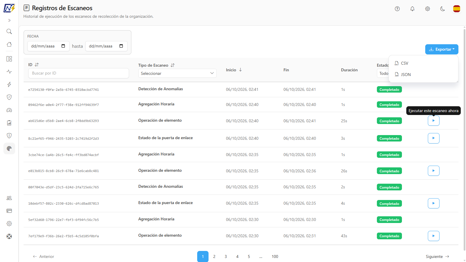 Menú Exportar abierto con las opciones CSV y JSON