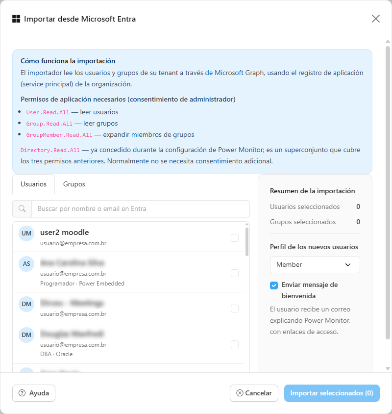 Cuadro Cómo funciona la importación con los permisos necesarios en Microsoft Graph