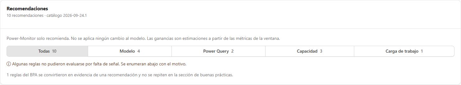Tarjeta Recomendaciones con el total, el aviso de estimaciones y los botones de filtro por categoría