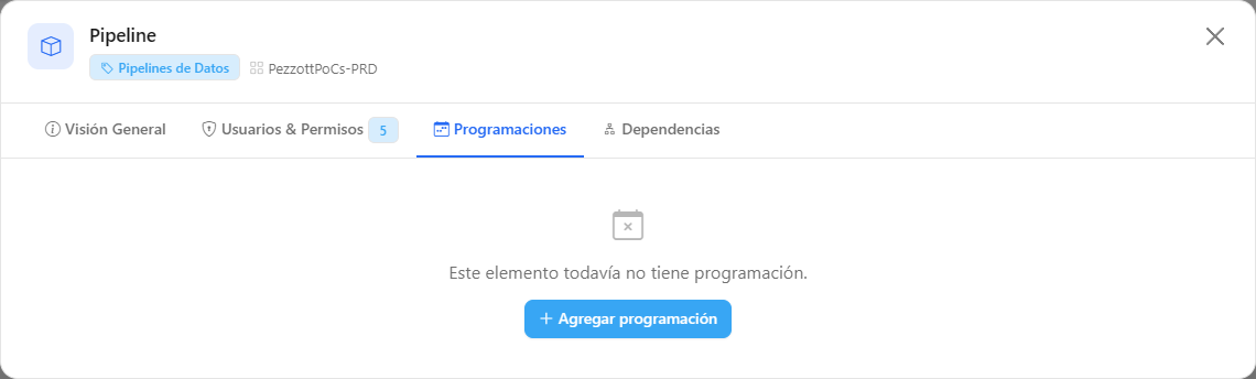 Pestaña Programaciones del modal de un Data Pipeline