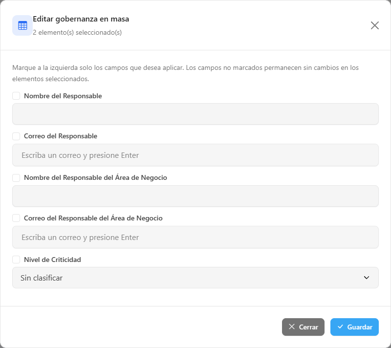 Modal Editar gobernanza en masa con las casillas Incluir este campo