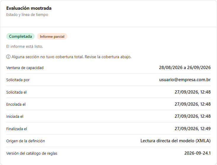 Tarjeta Evaluación mostrada con el estado, la insignia de cobertura y la línea de tiempo de la evaluación
