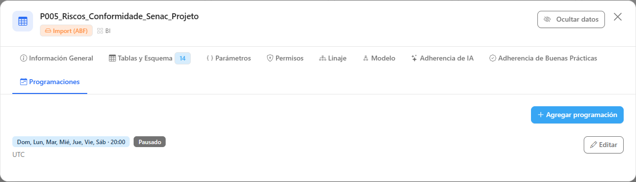Pestaña Programaciones del modal de modelo semántico con el resumen de la programación de actualización