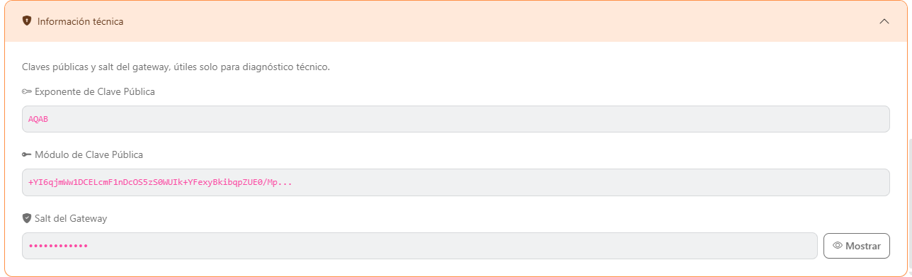 Tarjeta Información técnica abierta, con las claves públicas del gateway y el Salt del Gateway oculto con el botón Mostrar