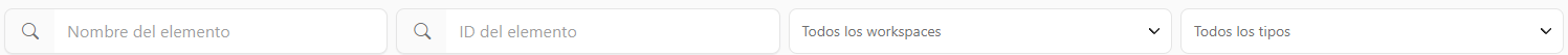 Fila de filtros con Nombre del elemento, ID del elemento, Todos los workspaces y Todos los tipos