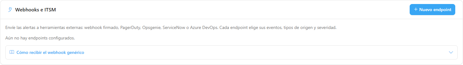 Tarjeta Webhooks e ITSM con la lista de endpoints, el estado de la última entrega y los botones Probar, Entregas, Editar y Eliminar