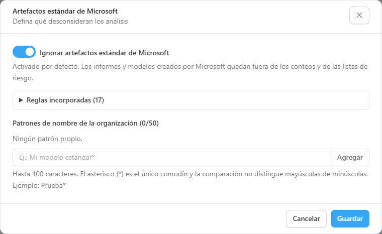 Ventana Artefactos estándar de Microsoft con el interruptor Ignorar artefactos estándar de Microsoft, las reglas incorporadas y los patrones de nombre de la organización