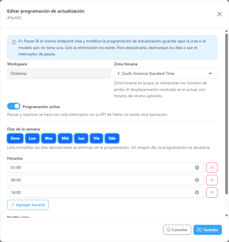 Formulario Editar programación de actualización de modelo semántico con días de la semana, horarios y notificación