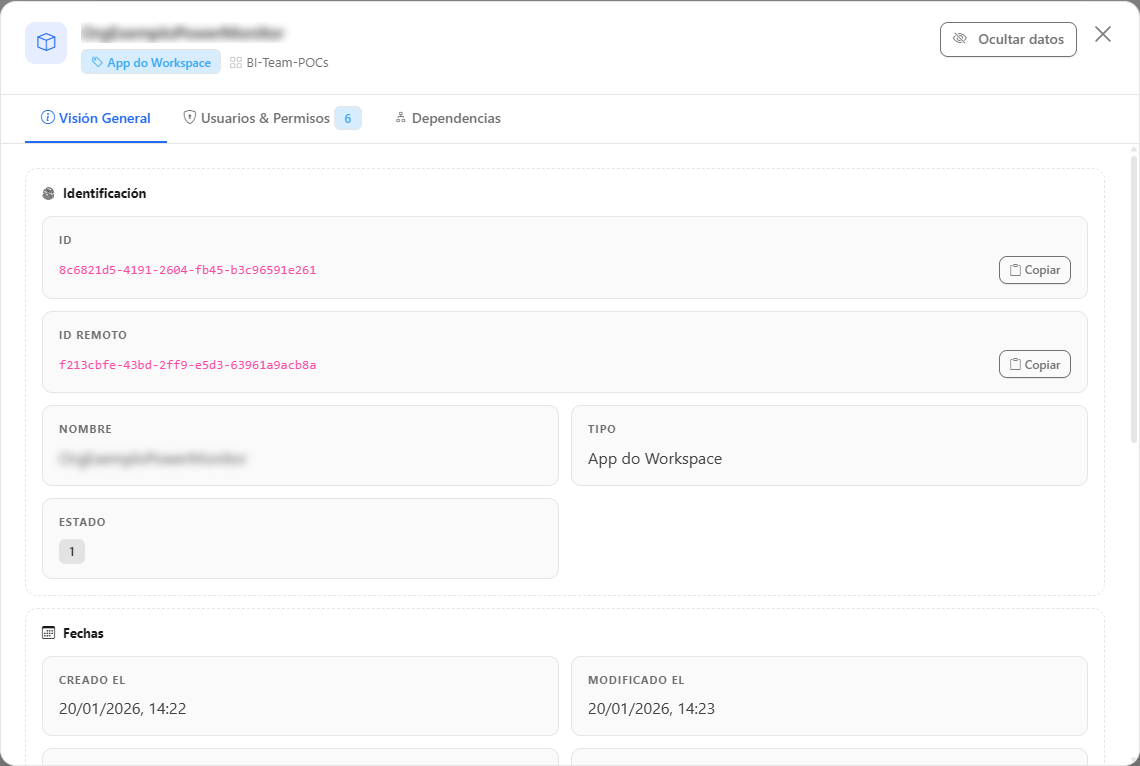 Modal de detalles de una app de workspace en la pestaña Visión General, con las secciones Identificación, Fechas, Capacidad y ubicación y Detalles técnicos