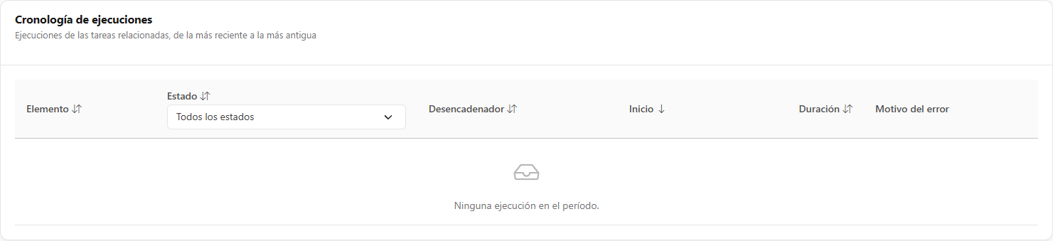 Cronología de ejecuciones con el filtro de estado y las columnas Elemento, Desencadenador, Inicio, Duración y Motivo del error