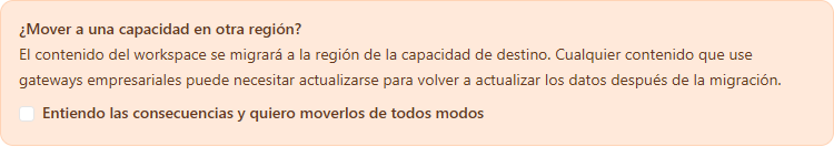 Confirmación ¿Mover a una capacidad en otra región? con el aviso sobre la migración del contenido y de los gateways empresariales
