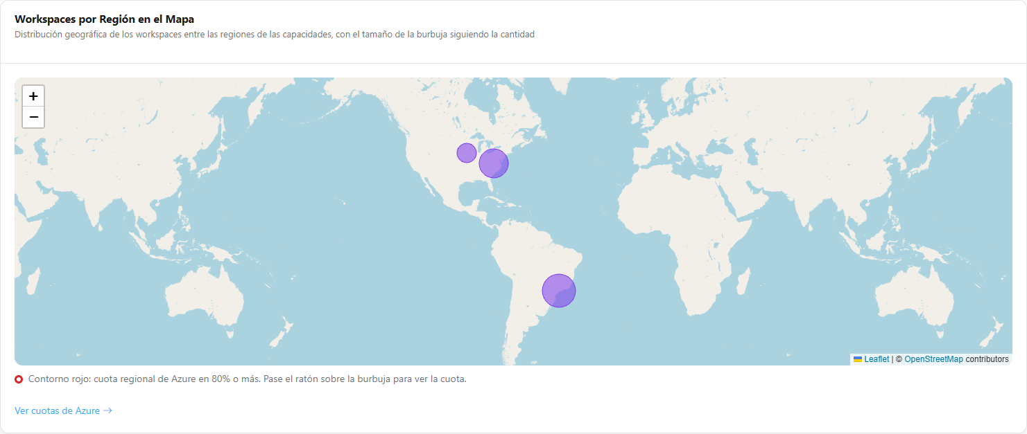 Mapa con burbujas por región de Azure proporcionales a la cantidad de workspaces