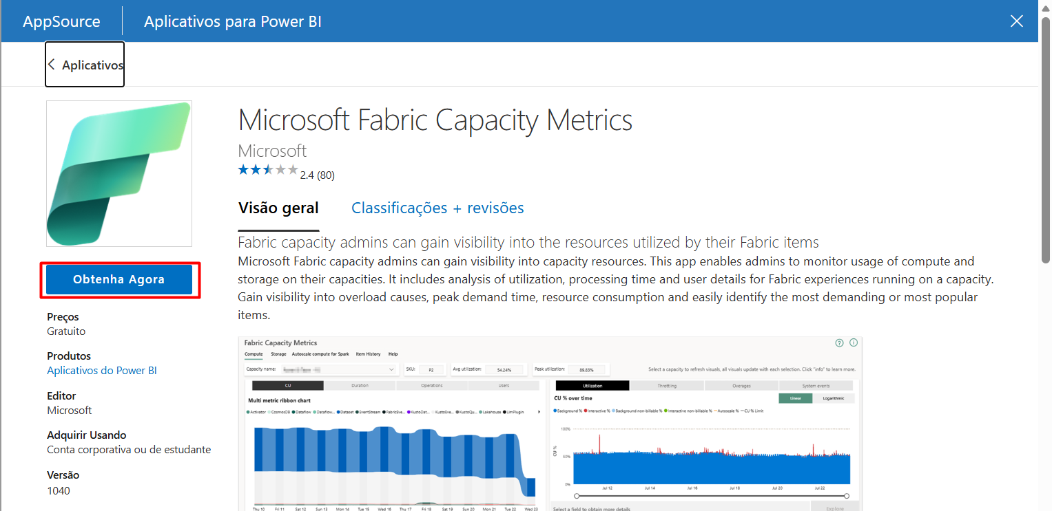 Microsoft Fabric Capacity Metrics en la tienda de aplicaciones
