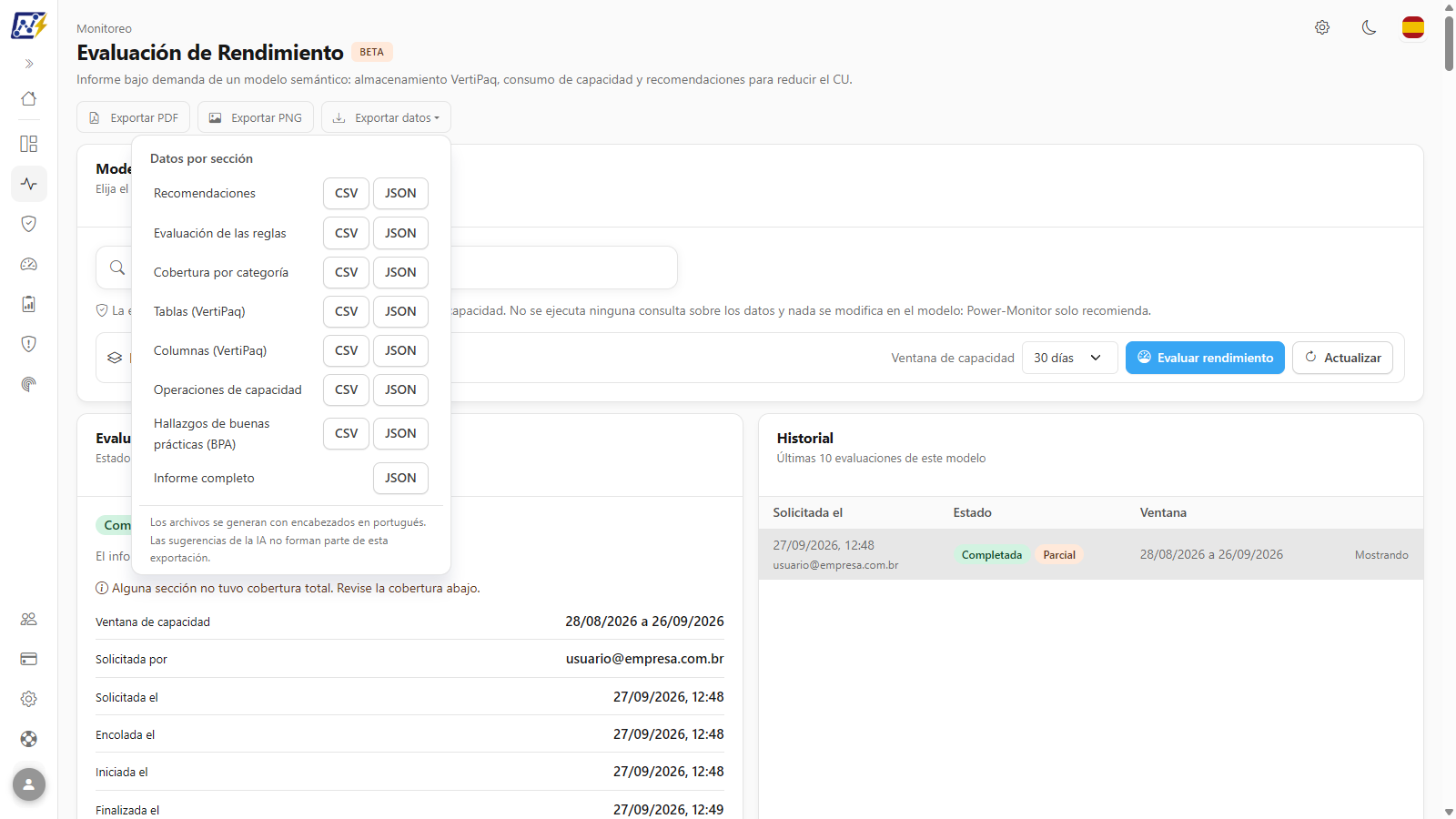 Menú Exportar datos abierto con las secciones y los formatos CSV y JSON