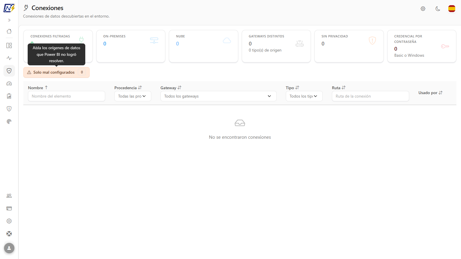 Botón Solo mal configurados activo, con la sugerencia que explica el filtro; en este ejemplo ninguna conexión está mal configurada y la tabla muestra No se encontraron conexiones