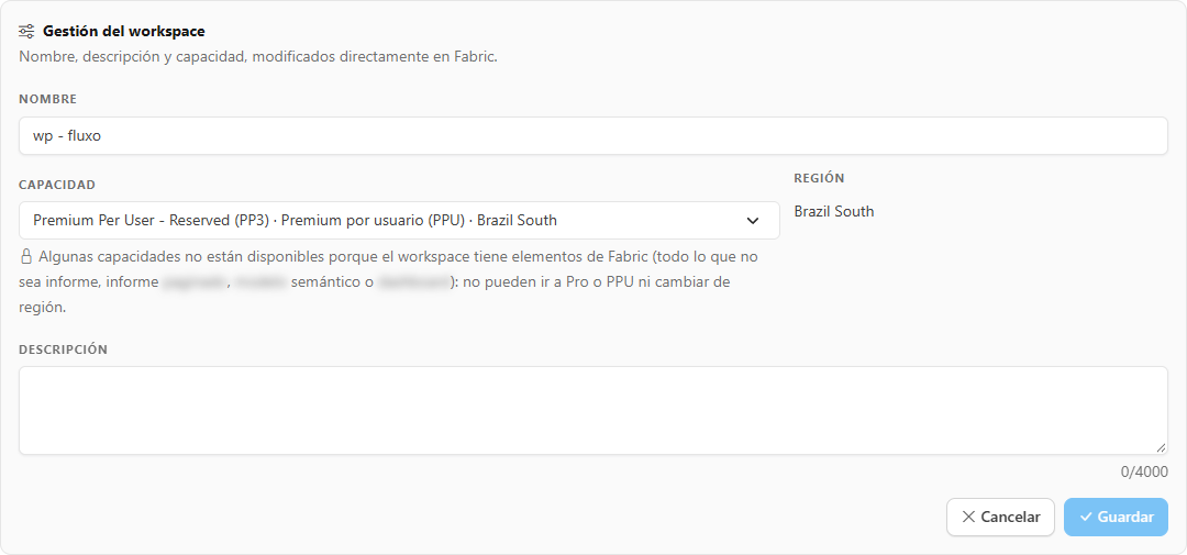 Tarjeta Gestión del workspace en modo de edición, con los campos Nombre, Capacidad, Región y Descripción y los botones Cancelar y Guardar