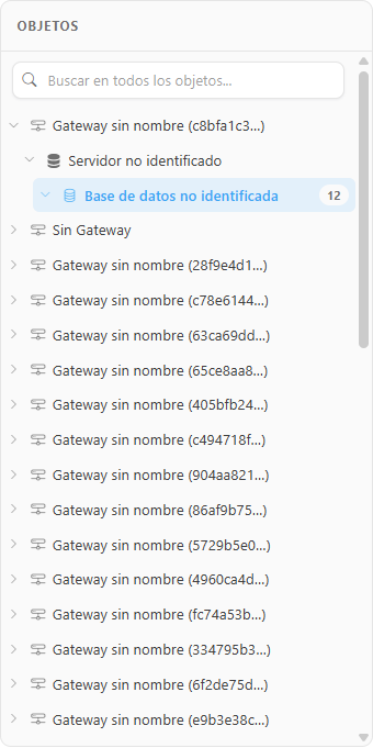 Panel Objetos con un gateway, un servidor y una base de datos expandidos