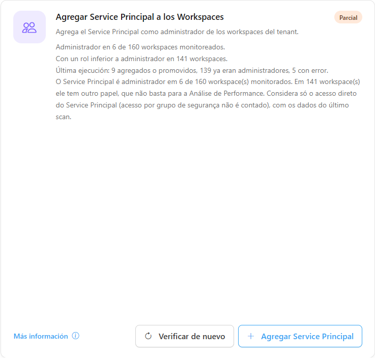 Tarjeta Agregar Service Principal a los Workspaces con el conteo de workspaces y la última ejecución