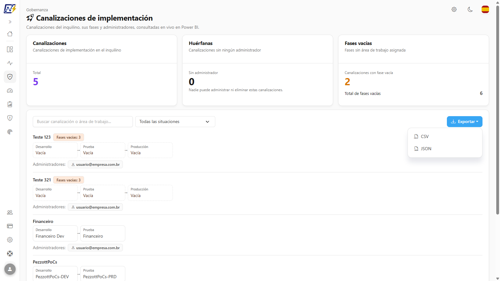 Menú Exportar abierto con las opciones CSV y JSON