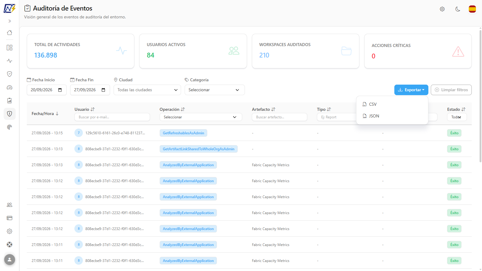 Menú Exportar abierto con CSV y JSON