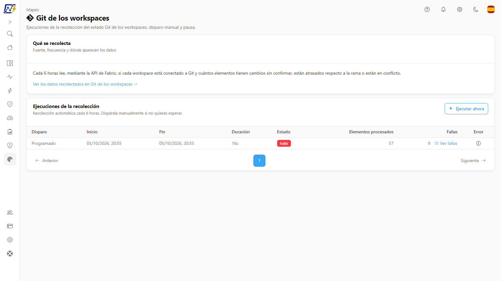 Pantalla Git de los workspaces con la tarjeta Qué se recolecta y la tarjeta Ejecuciones de la recolección con el historial de ejecuciones