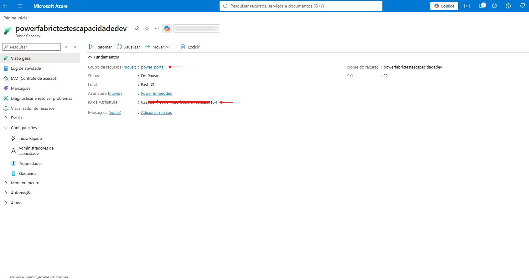 Información general de la capacidad en el portal de Azure con la suscripción y el grupo de recursos