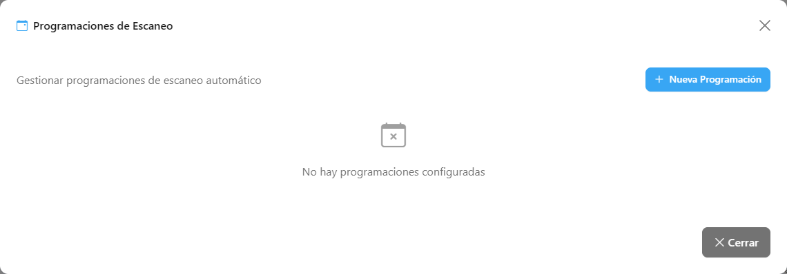 Modal Programaciones de Escaneo con la lista de programaciones y las acciones por fila