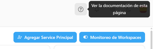 Acciones de la parte superior de la página con la sugerencia Ver la documentación de esta página sobre el ícono de Ayuda