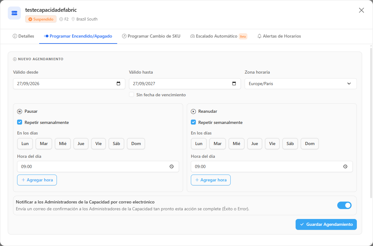 Detalles de la capacidad con las pestañas de programación