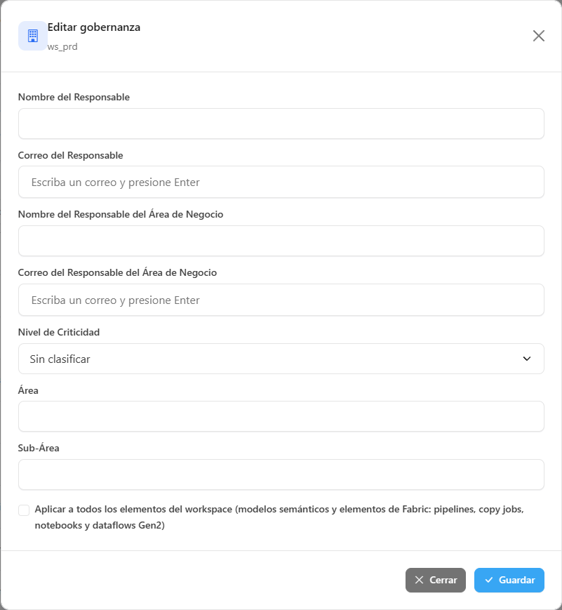 Modal Editar gobernanza de workspace con los campos de responsable, criticidad, área y subárea