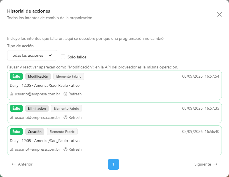 Ventana Historial de acciones de programaciones