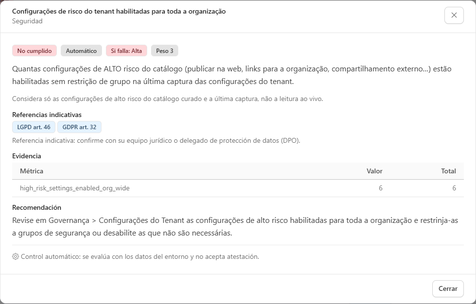 Ventana de detalle de un control con la evidencia, la recomendación, las referencias indicativas y, en los controles manuales, el bloque Atestación manual
