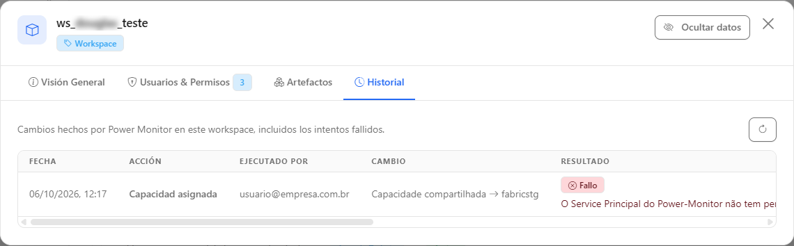 Pestaña Historial del modal de workspace con las columnas Fecha, Acción, Ejecutado por, Cambio y Resultado