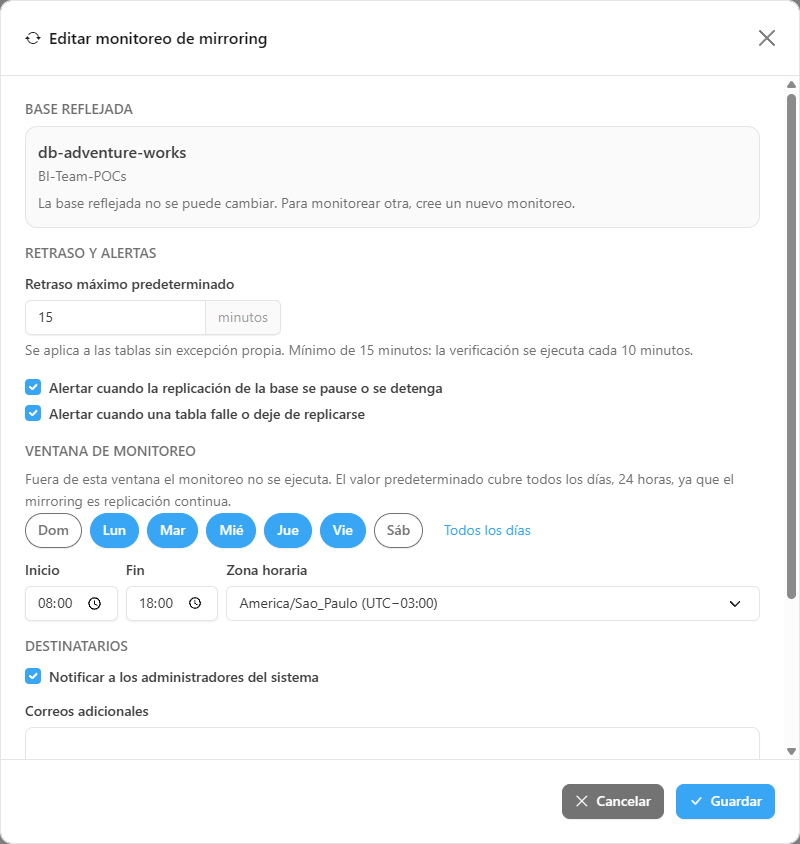 Modal Editar monitoreo de mirroring con la base fija y el interruptor Monitoreo activo