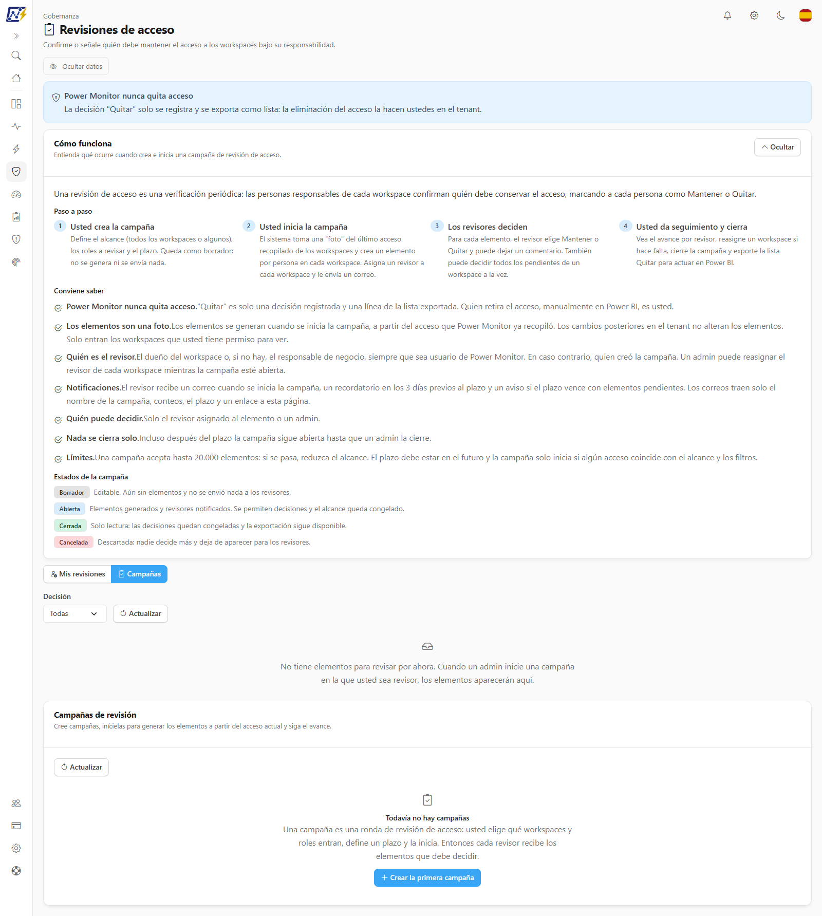 Pestaña Campañas con la lista de campañas, sus estados, alcance, plazo, elementos y el botón Nueva campaña