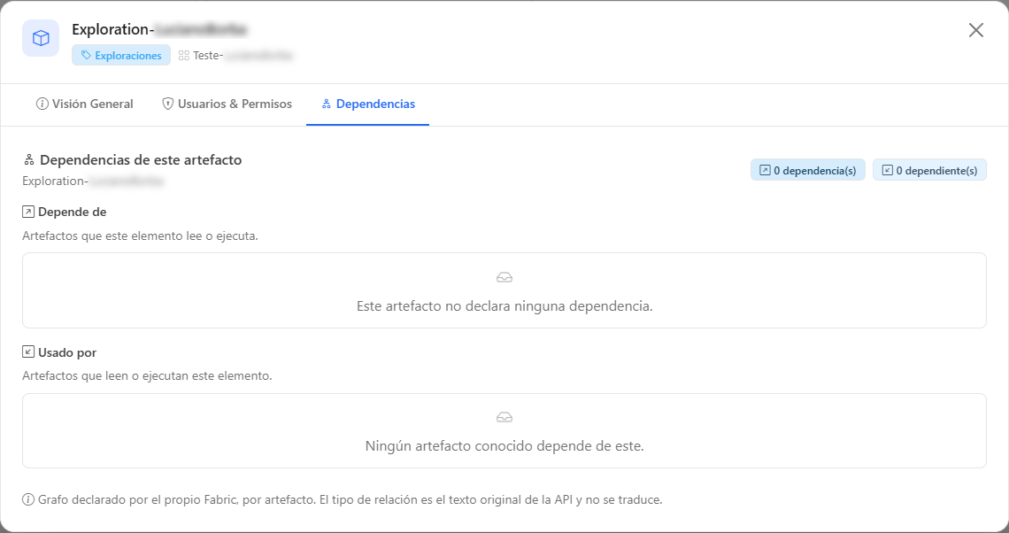 Pestaña Dependencias del modal de una exploración con el modelo semántico en Depende de